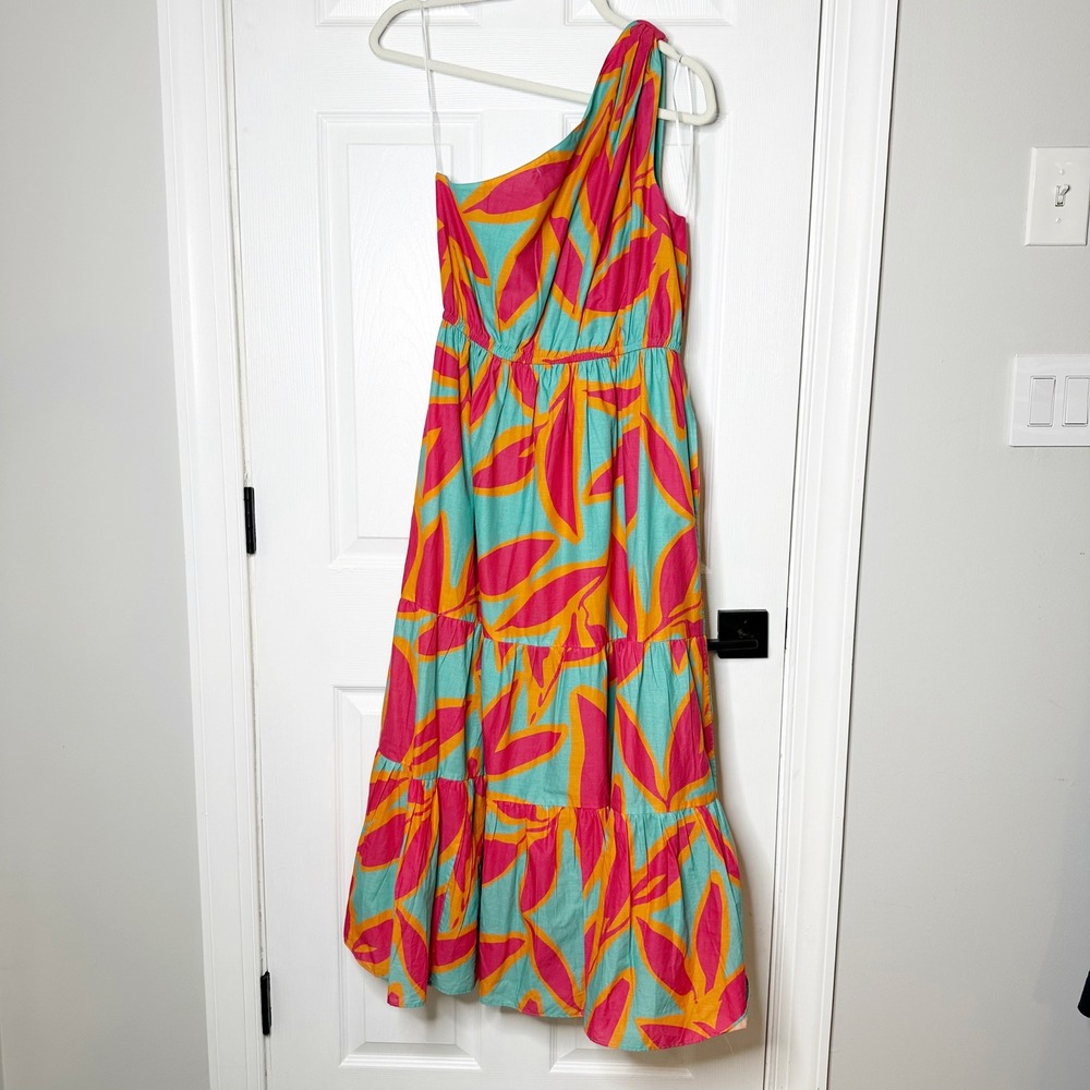 Southern Tide Analeah One Shoulder Maxi Dress Womens Medium Teal Pink Cotton - Picture 8 of 10
